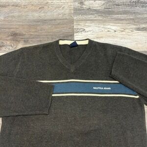 Vintage Y2K Nautica Jeans Grey Mens L Chest Stripe V-Neck‎ Knit Pullover Sweater